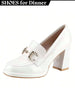 Women Chunky High Heel Mary Jane Pumps – Square Toe Closed Toe Block Heel With Ankle Strap & Metal Decor