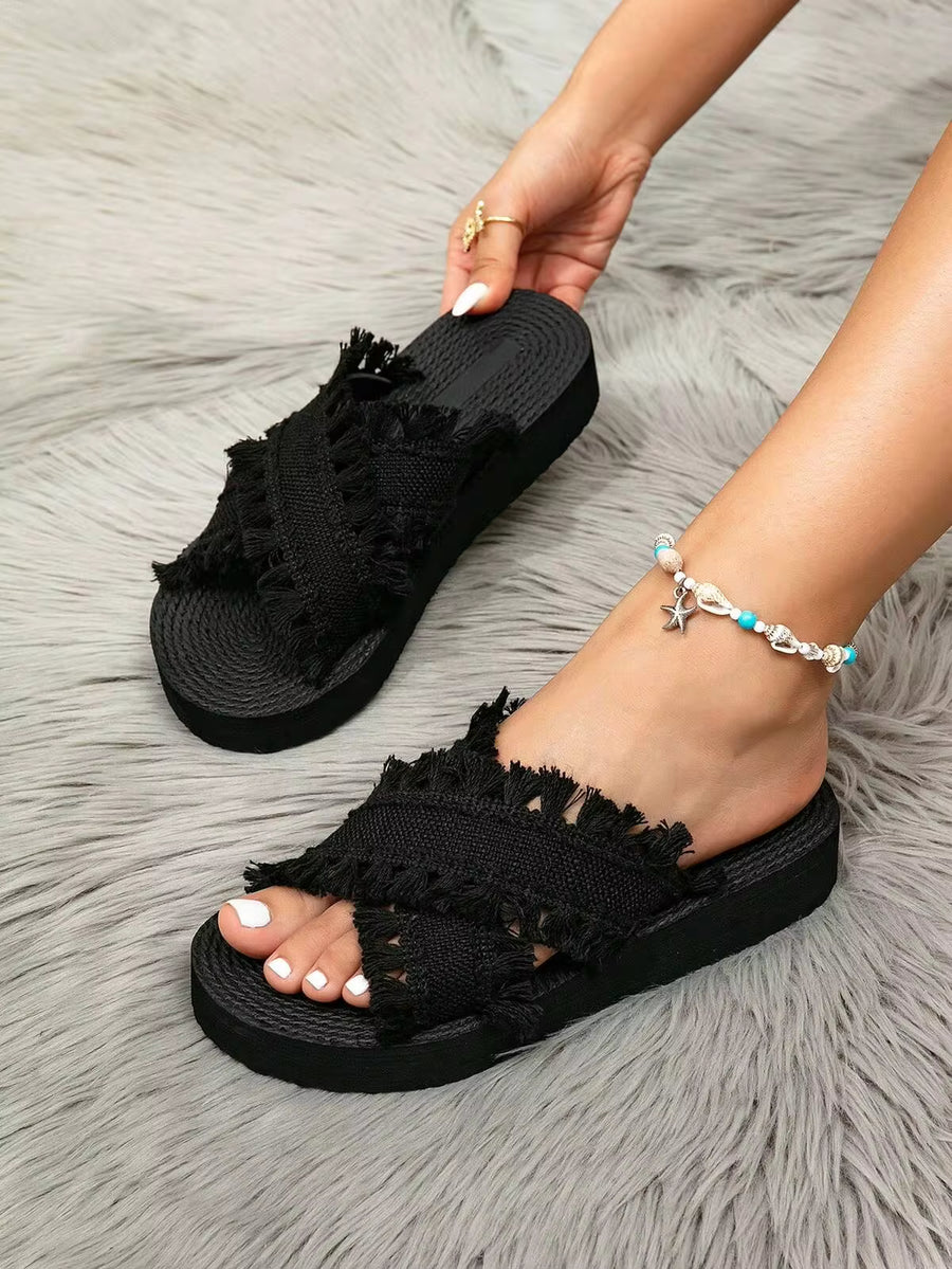 Livesso Women's Platform Wedge Slides Thick Bottom Slippers, Black Bohemian Tasseled Beach Sandals With Criss-Cross Straps, Summer