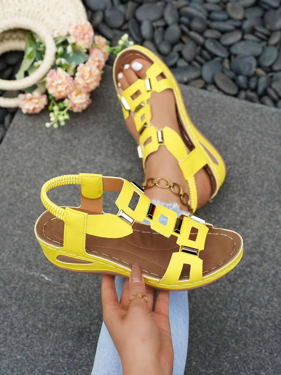 2026 Spring/Summer New Women's Square Toe Rivet Elastic Thick Sole Wedge Sandals Beach Neutral Elegant